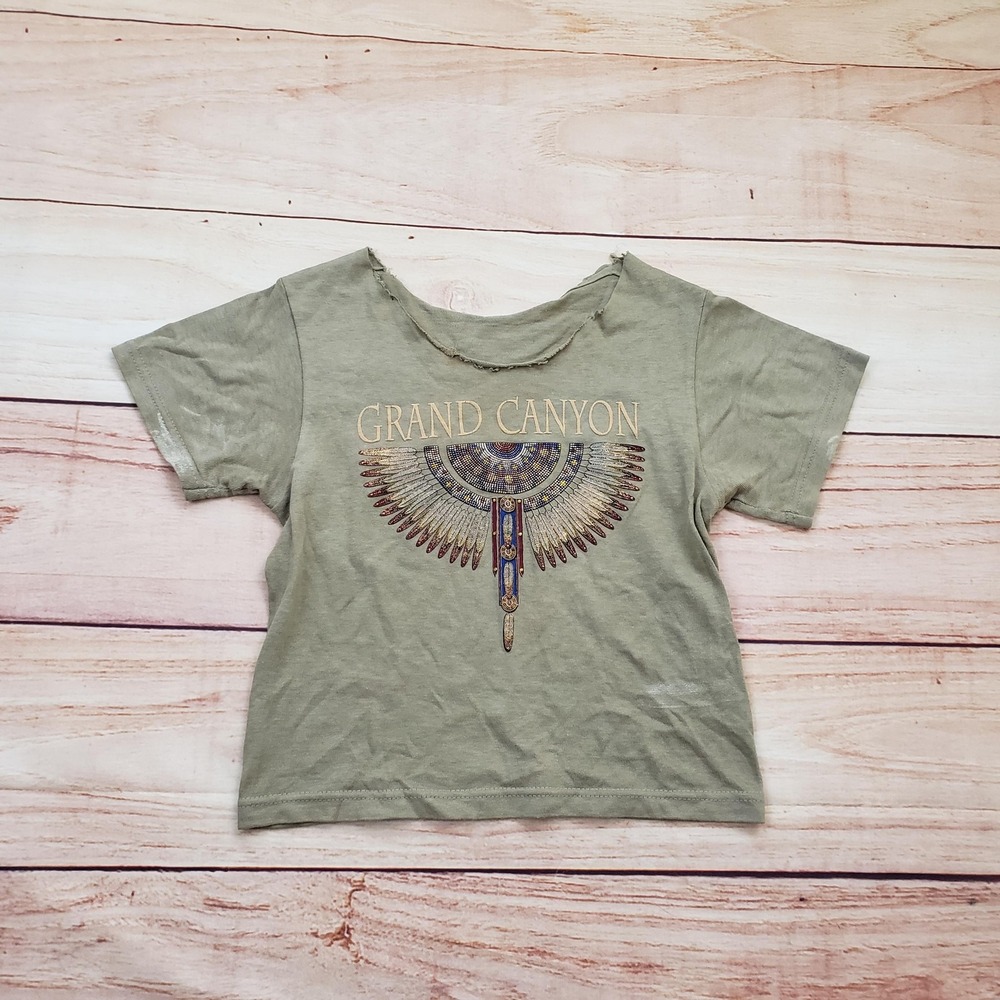 Grand Canyon Shirt Womens Small Olive Green Crop Top Distressed Raw Neck Graphic